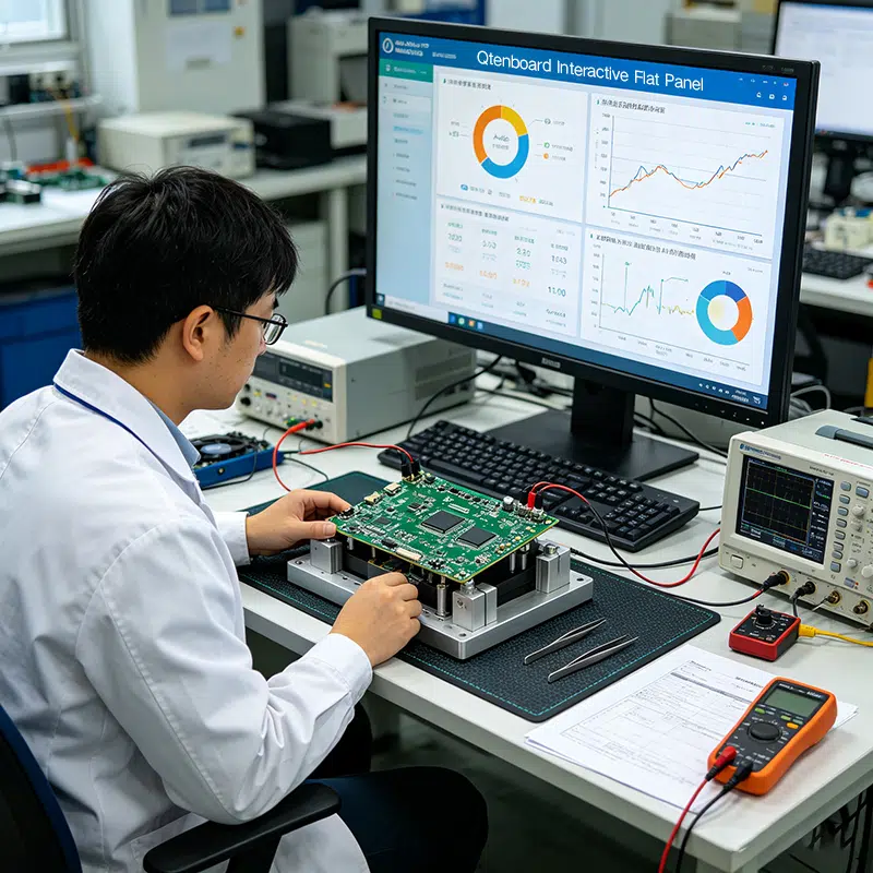 Engineer running high-load stress test on interactive whiteboard motherboard